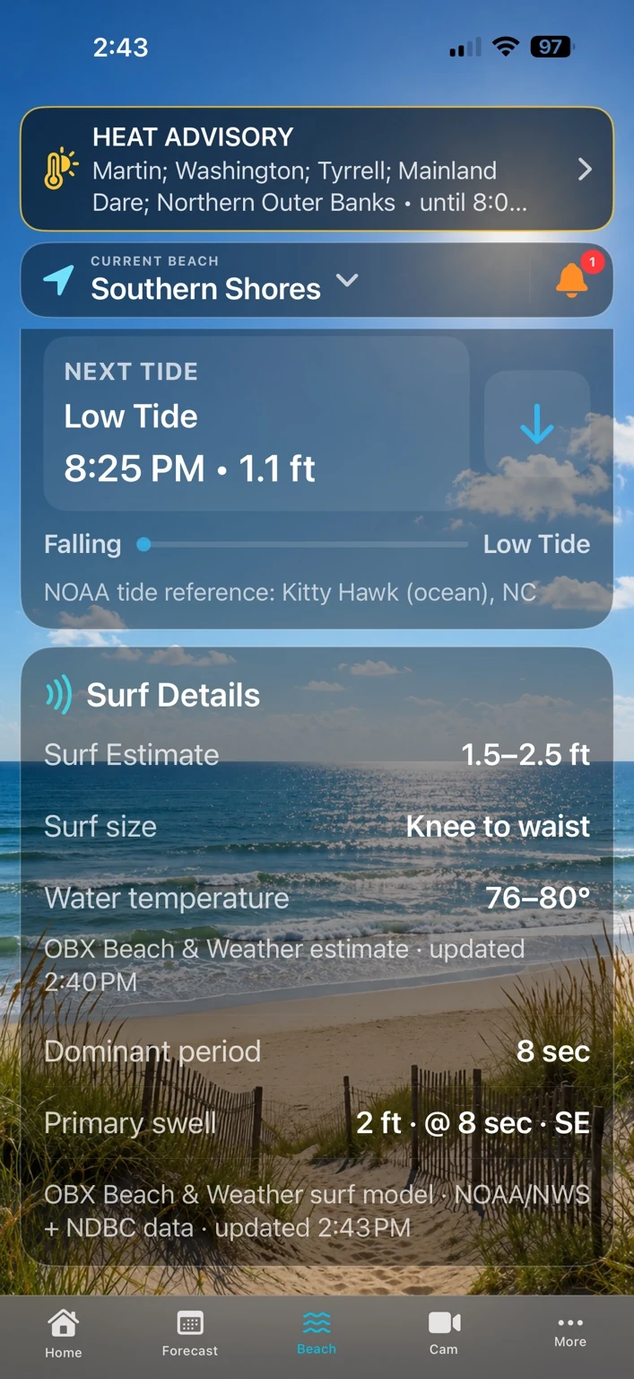 Surf, tides and water information